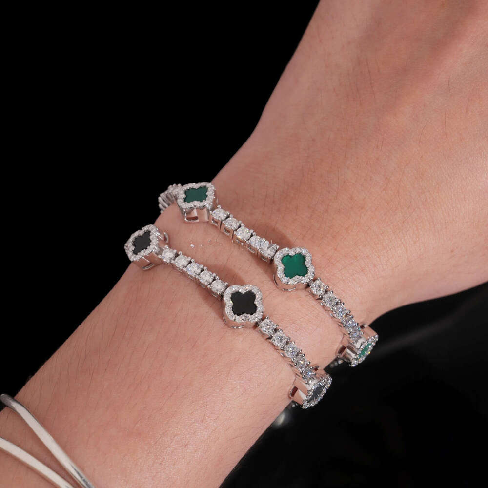 Fashion Style 3mm Iced Out Hip Hop Jewelry S Sier VVS1 Moissanite Dia Four Clover Leaf Cluster Tennis Bracelet