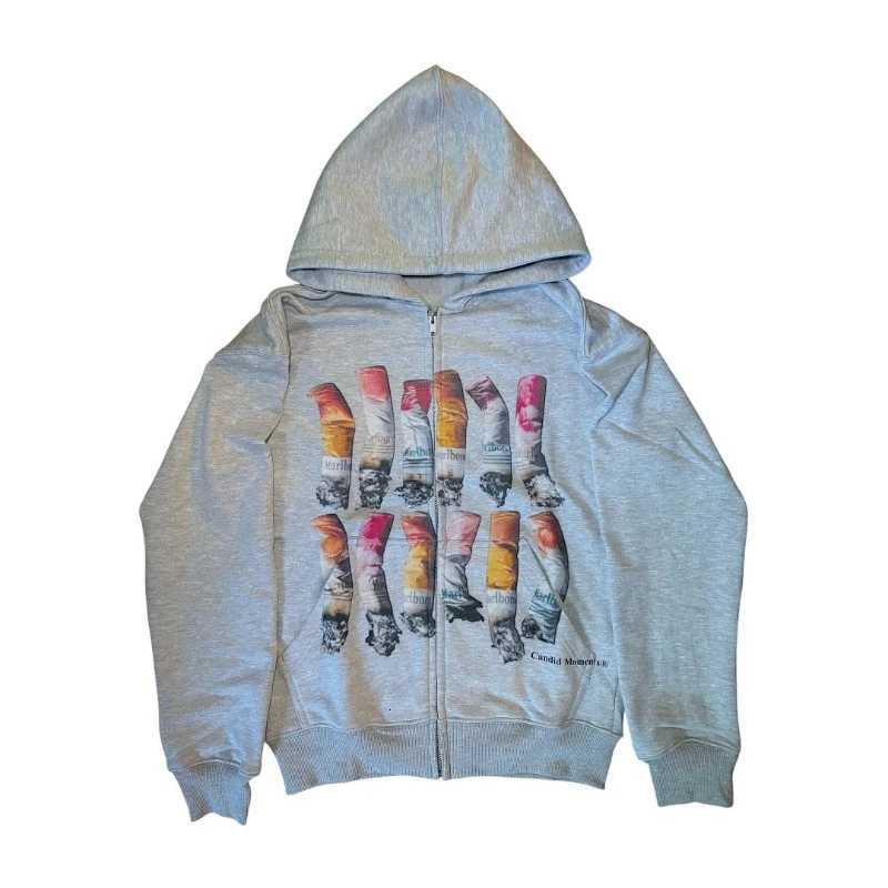 Y2K Retro Zip Up Grey Hoodie Harajuku Print Smoke Pattern Sweatshirt Casual Retro New Trendy Strtwear Oversized Men Women Coat X250910 L251018GBYP