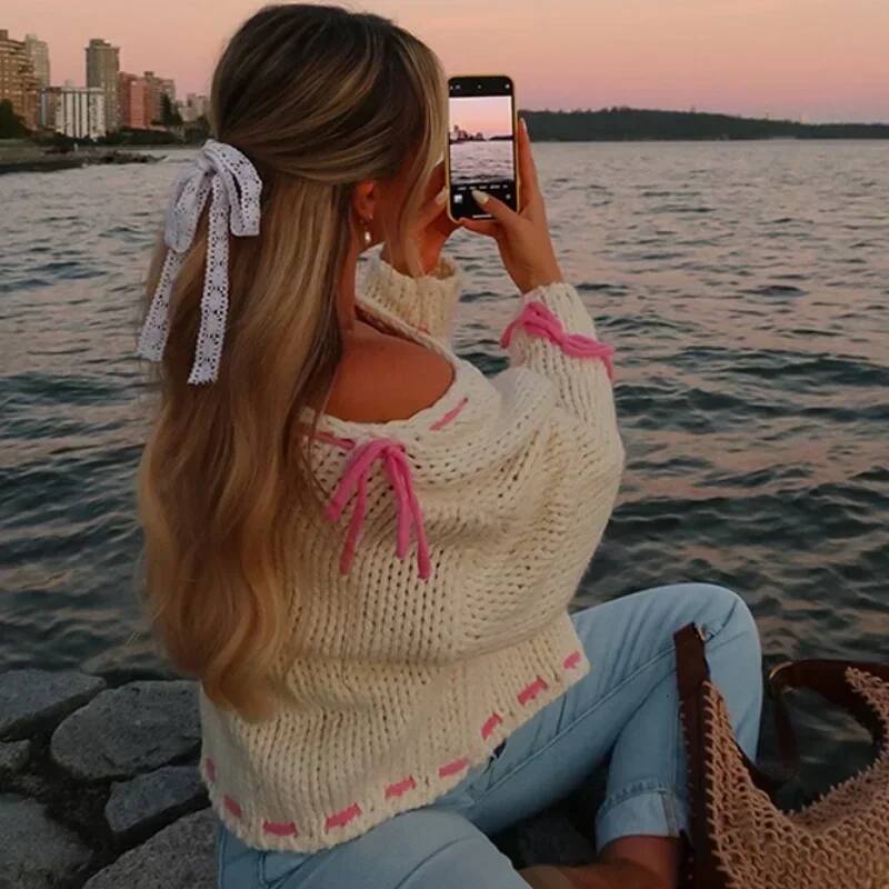 2024 Autumn Winter New Lace Up Knitted Sweater Women Y2K Long Sleeved Pullover Sweaters Female Fashionable Loose Knitwear Tops dongdumaoyi