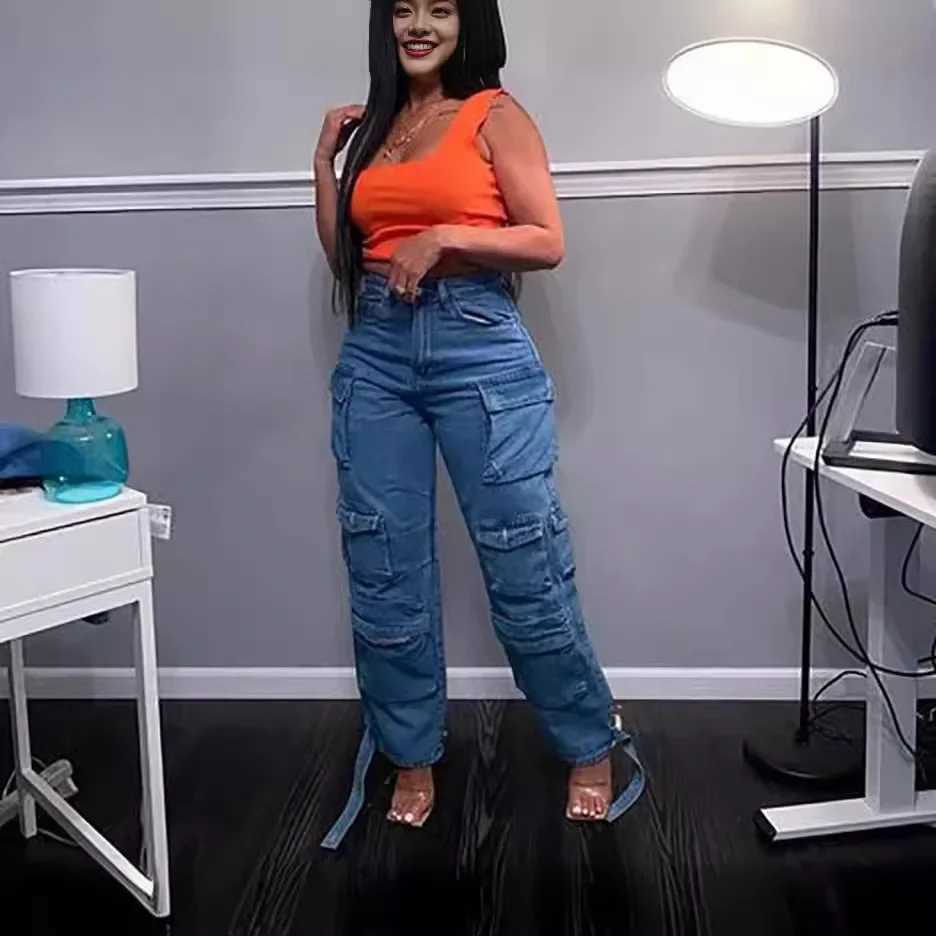 Europe and The United States Highwaisted Multipocket Long Jeans Womens Spring and Autumn New Trend Loose Splice Cargo Jeans Z250910