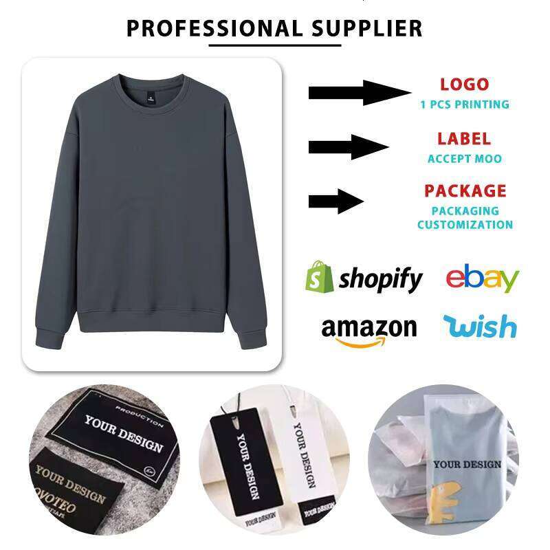 Men's with Puff Print, High-Quality Cotton Blank Pullover, Drop Shoulder Crew Neck Sweatshirt