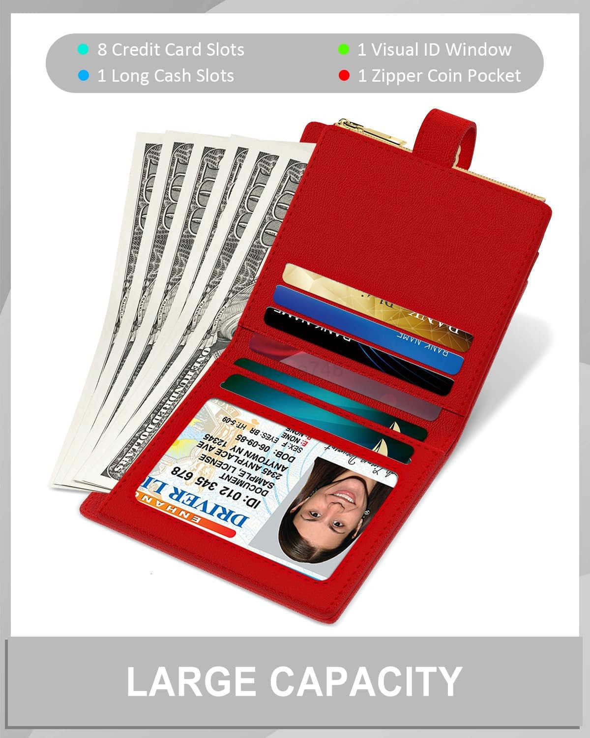 Womens Wallet RFID Small Slim Wallets for Women Compact CARD Holder Cute Leather Bifold Ladies Purse with Zipper Coin Pocket and ID Window RedZ250910