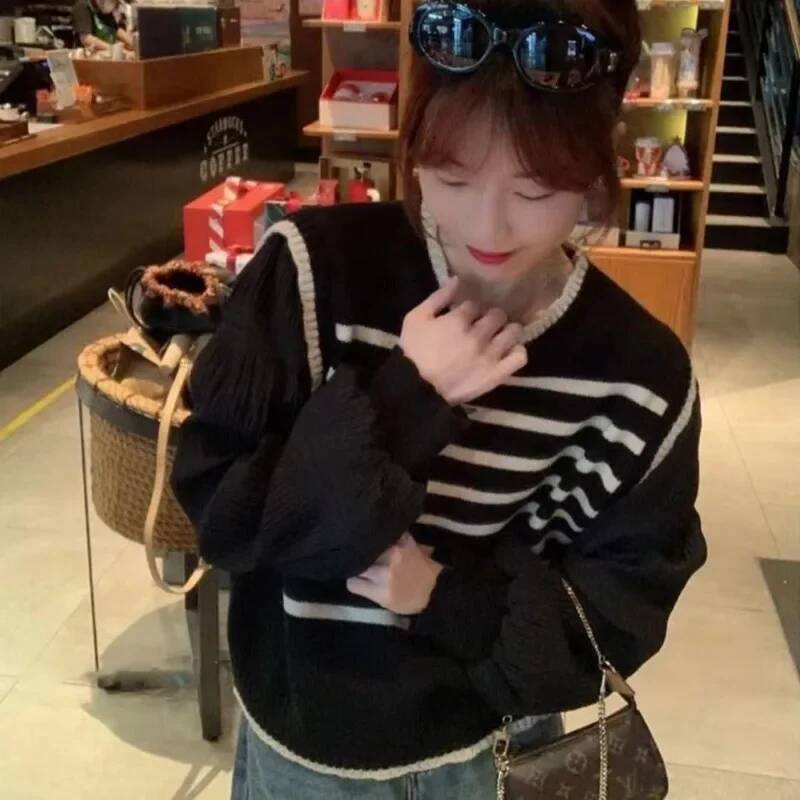 women Black white striped fake two-piece knitted sweaters pring and autumn Korean soft glutinous pullover sweater female dongdumaoyi