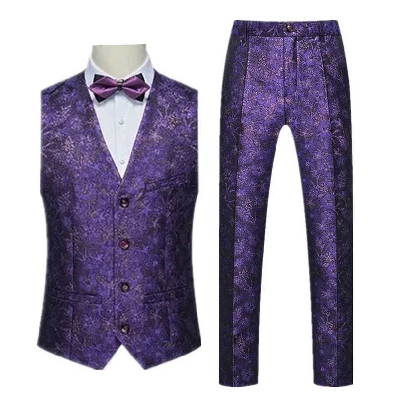 Jacquard Fabric VNeck SLeeveless Vest Jacket Trousers Mens Wedding Party Two Piece Set White Black Red M5XL 6XL W250910
