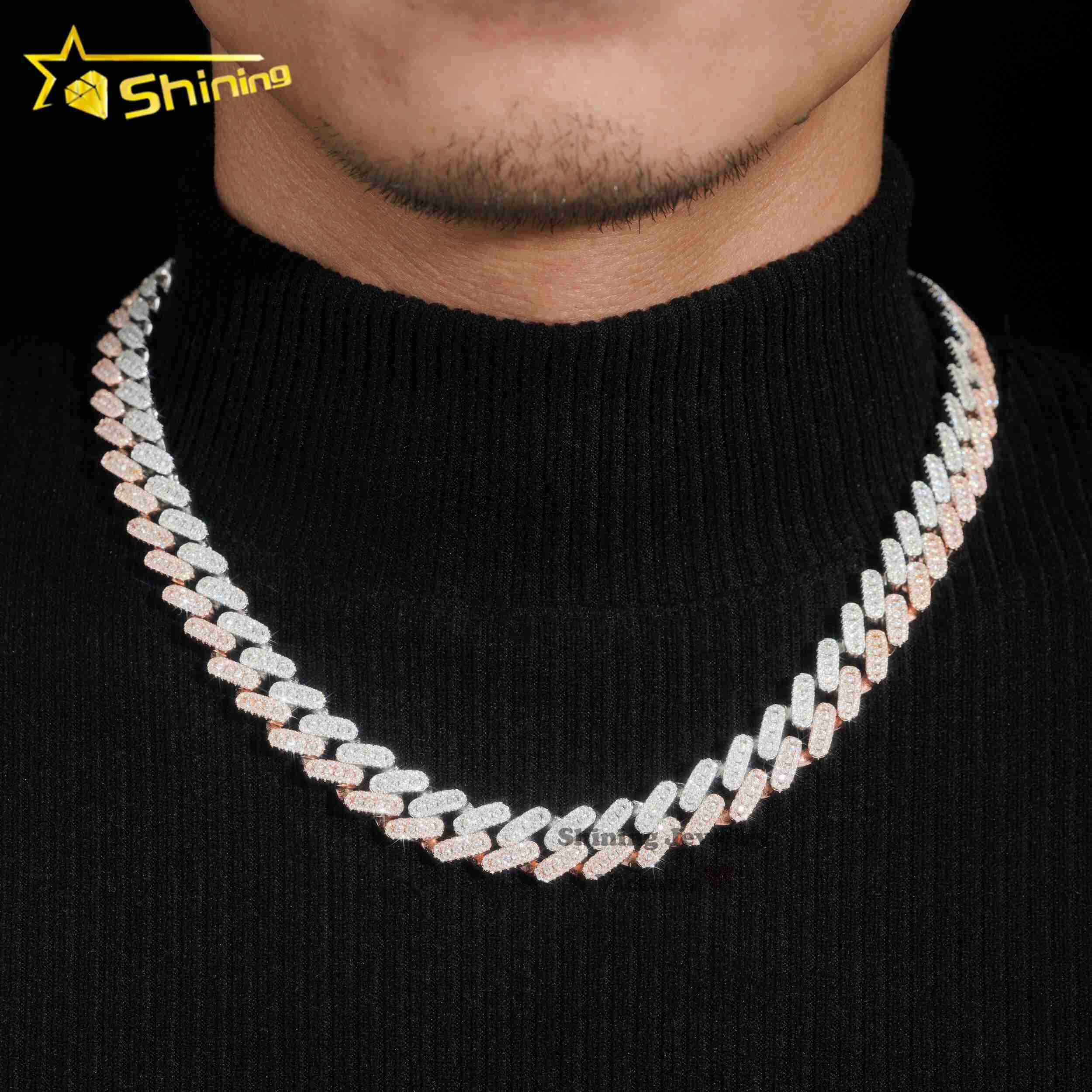 Wholesale Price 15mm White Mix Rose Gold 925 Cuban Link Chain Two Tone Hip Hop Jewelry Iced Out Moissanite Cuban Chain Necklace