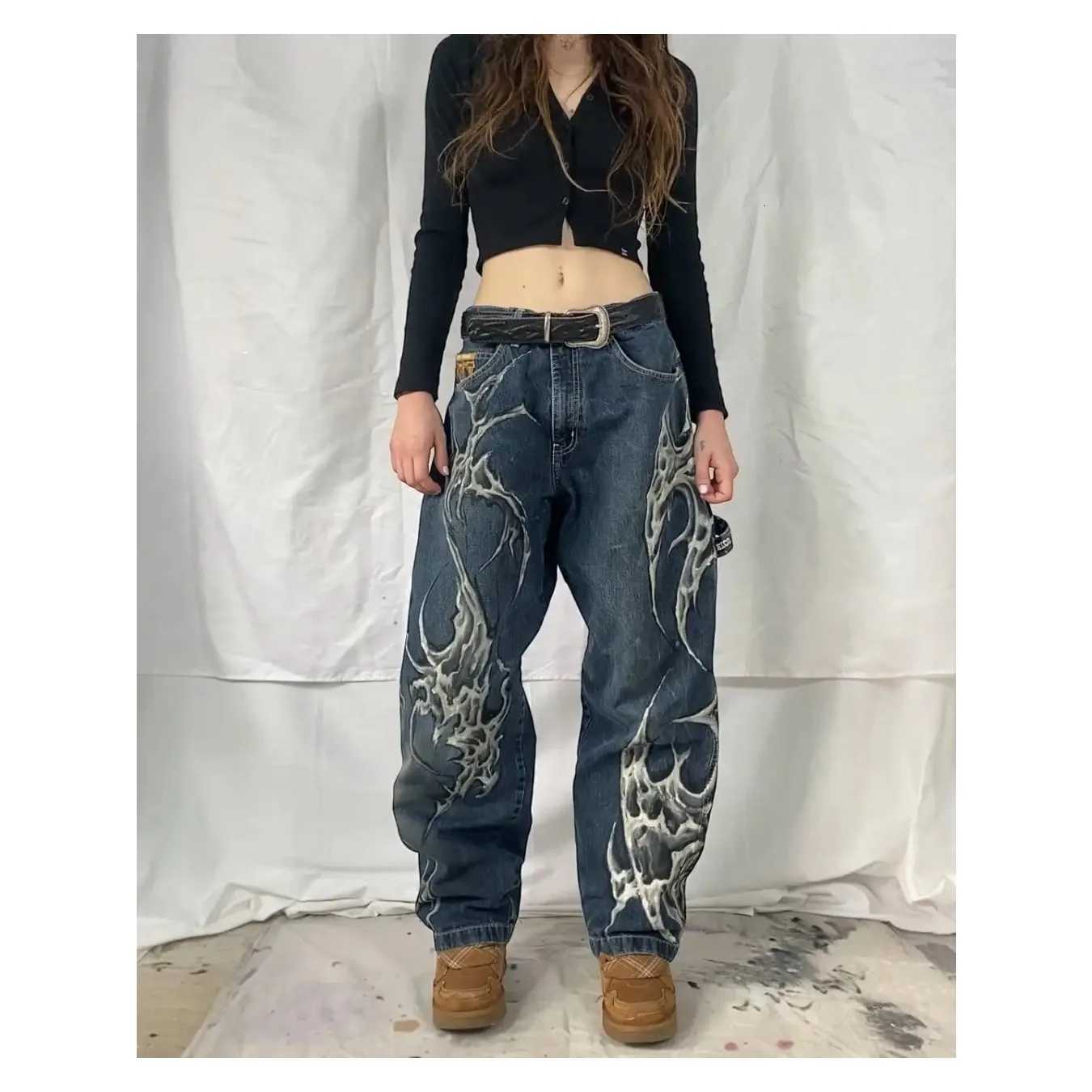 American Fashion Trend Washed Pattern Embroidered Loose Jeans Street Womens New Hip Hop Wide Leg Pants Plus Size Unisex Jeans Z250910