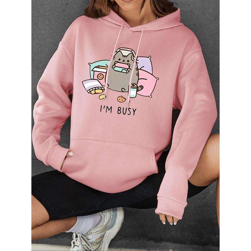Women's Cartoon Cat Letter Print Drop Shoulder Hoodie, Fashion Casual Drawstring Pocket Hooded Sweatshirt Daily Holiday Outdoor Wear, Ladies Clot
