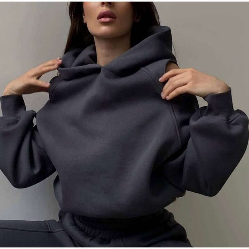 Women's European and American Two-Piece Solid Color Hooded Short Sweatshirt Leg Binding Pants Set 2025 Versatile Temperament New Trend Clothing I