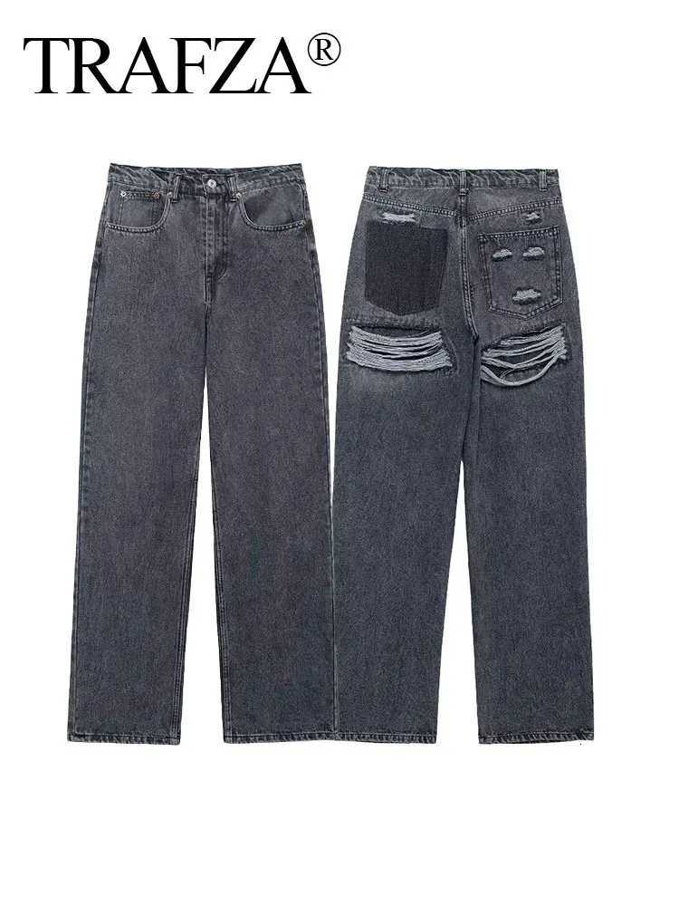 TRAFZA 2024 Vintage Denim Jeans For Women 2 Colors High Waist Zipper Fly Ripped Distressed Patchwork Causal Straight Trousers Z250910