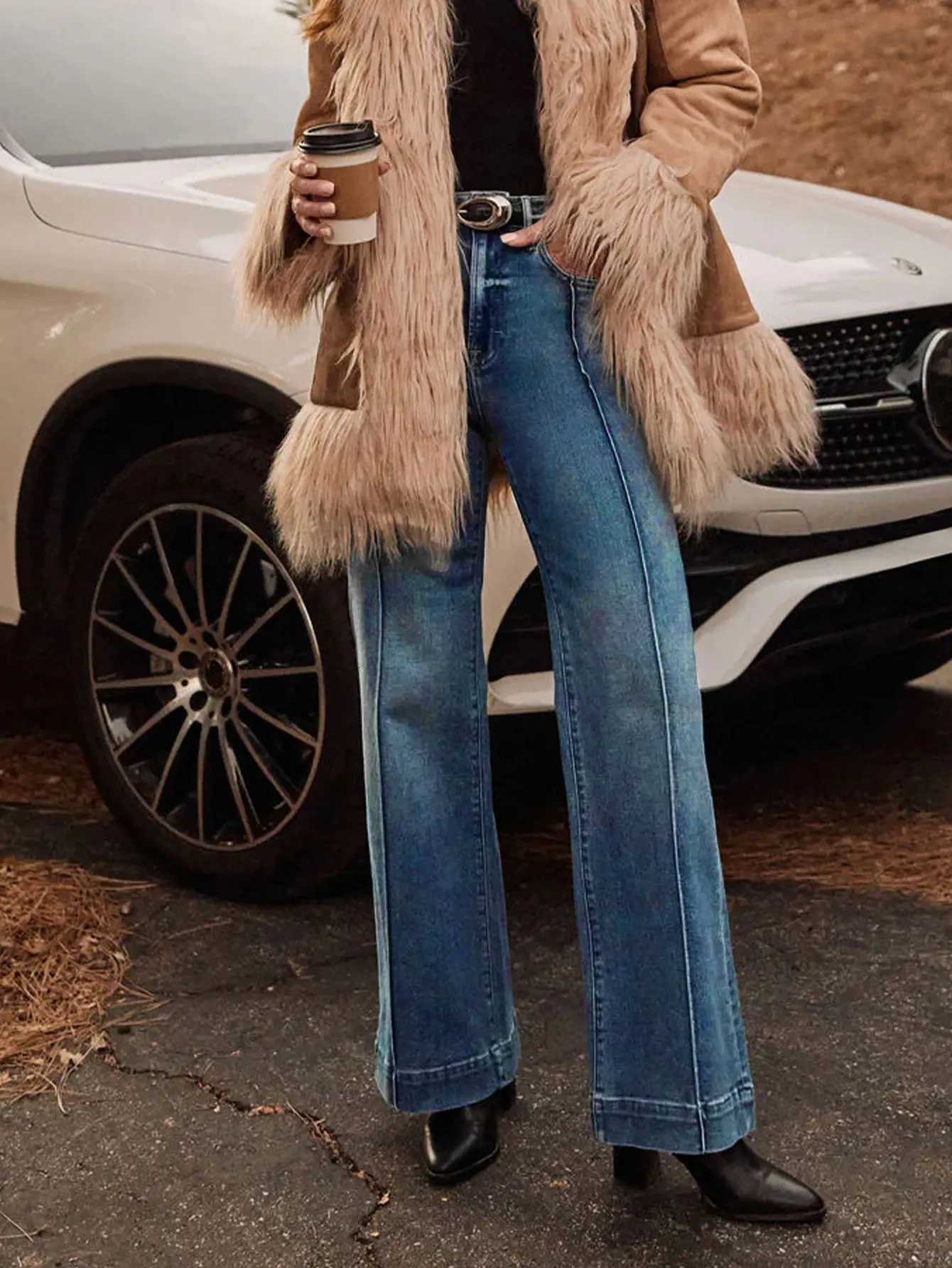 Autumn new womens dark blue high waist straight jeans slim fit wide leg version stretch denim fabric elegant intellectual jeans Z250910