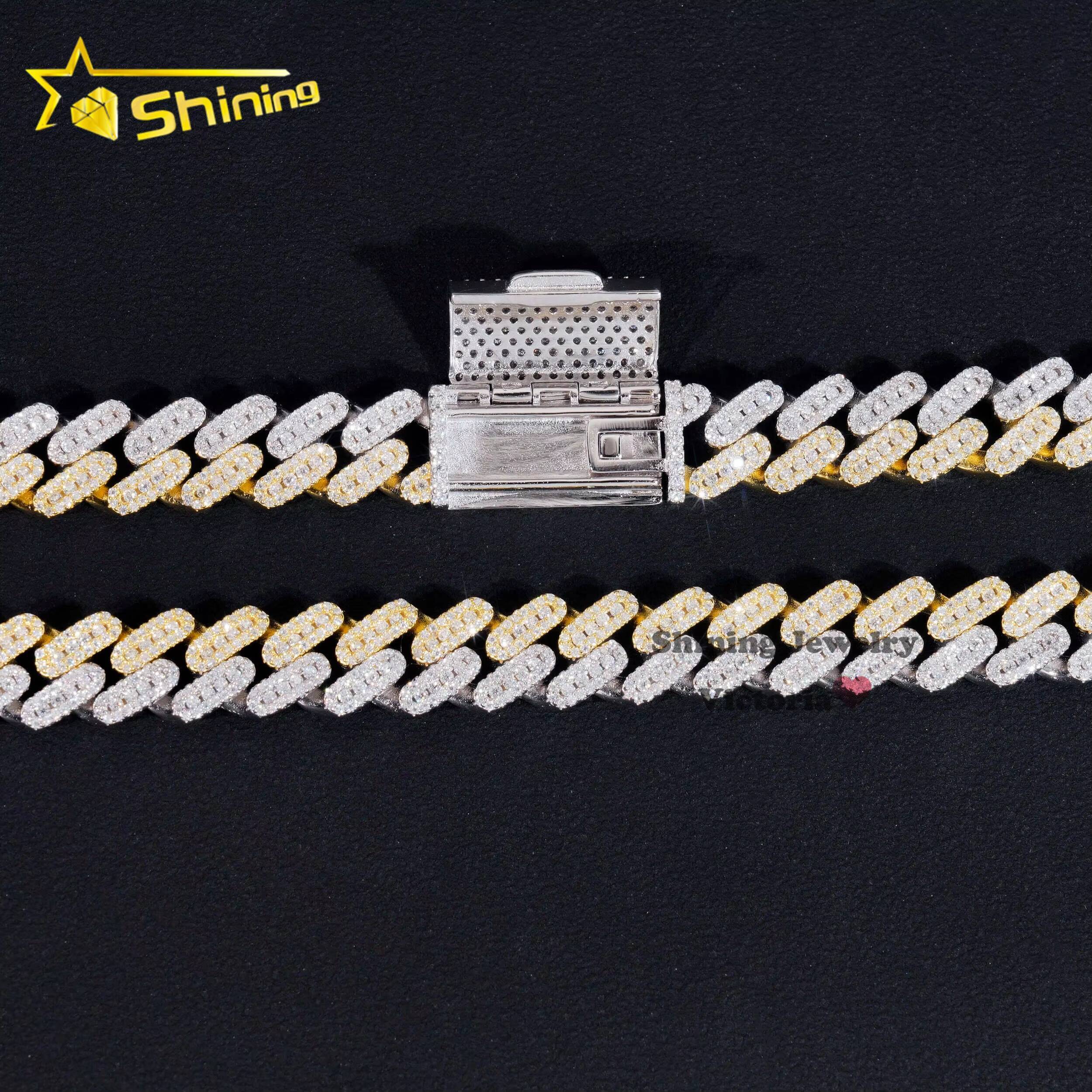 Trendy Pass Diamond Tester Charm Necklace 10MM Three Rows Two Tone Gold Plated 925 Silver Moissanite Diamond Cuban Link Chain