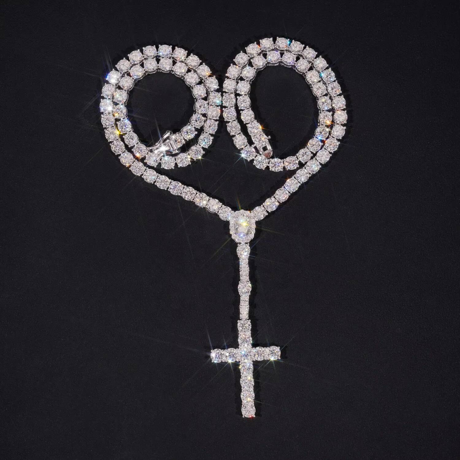 New Arrival Hot Sell Iced Out 5MM Width 925 Sterling Silver VVS Moissanite Rosary Cross Tennis Chain Necklace