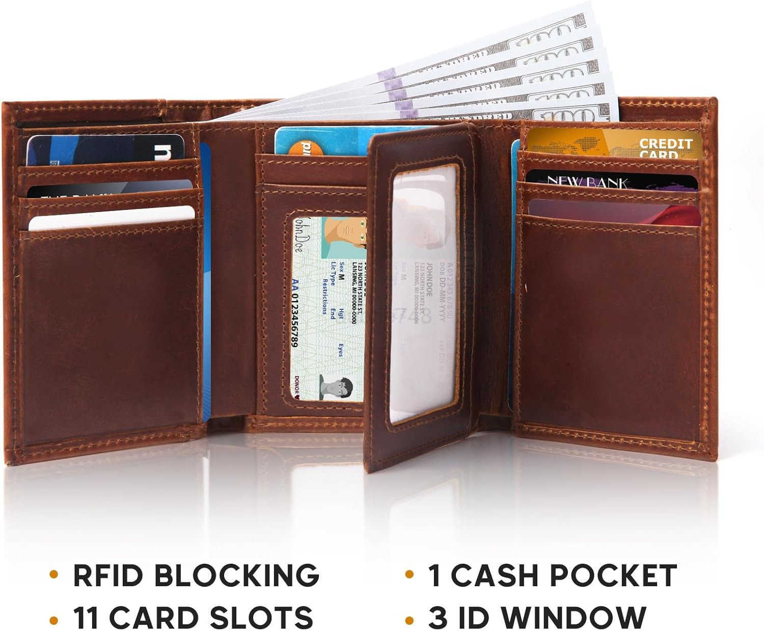Mens Trifold Wallet with 2 ID WindowLargecapacity Genuine Leather RFID Blocking Wallet for Men BrownZ250910