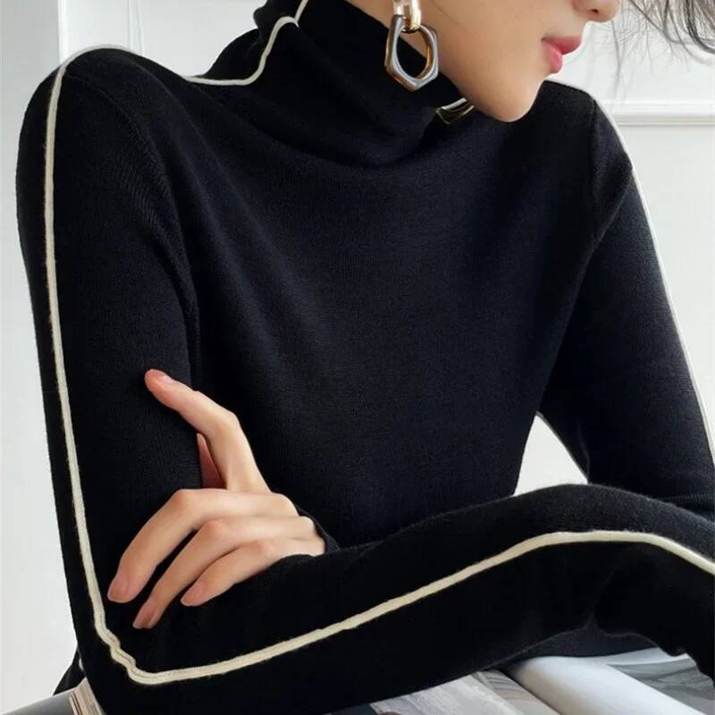 High Neck Knitted Sweater Women Autumn Winter Trendy Color Blocking Slim Fit Sweaters Female Base Simplicity Long Sleeved Tops dongdumaoyi
