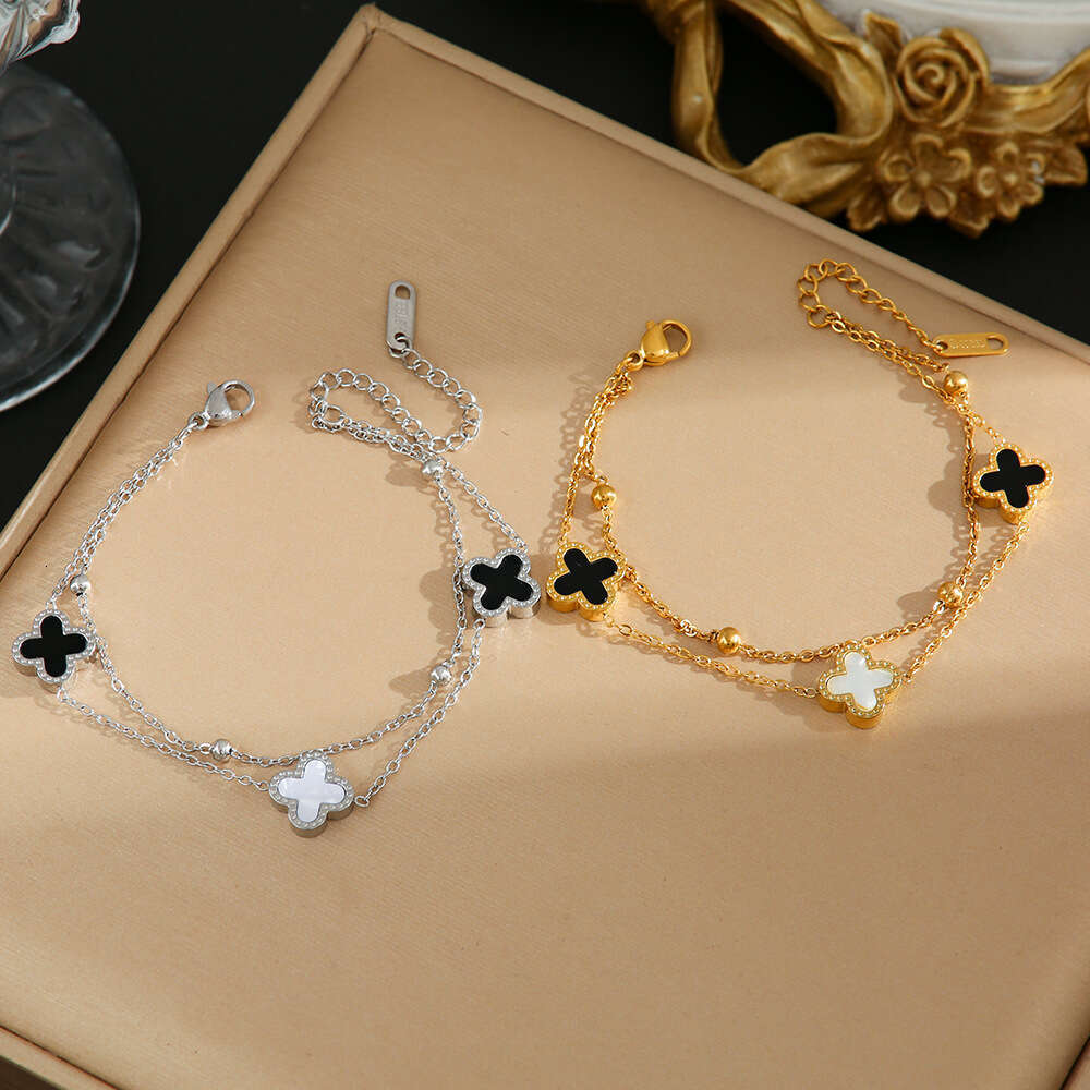 Korean Style Simple Double-Sided Four-Leaf Clover Bracelet for Women Fashion Double Layer Chain Titanium Steel Gold Sweet Temperament Jewelry