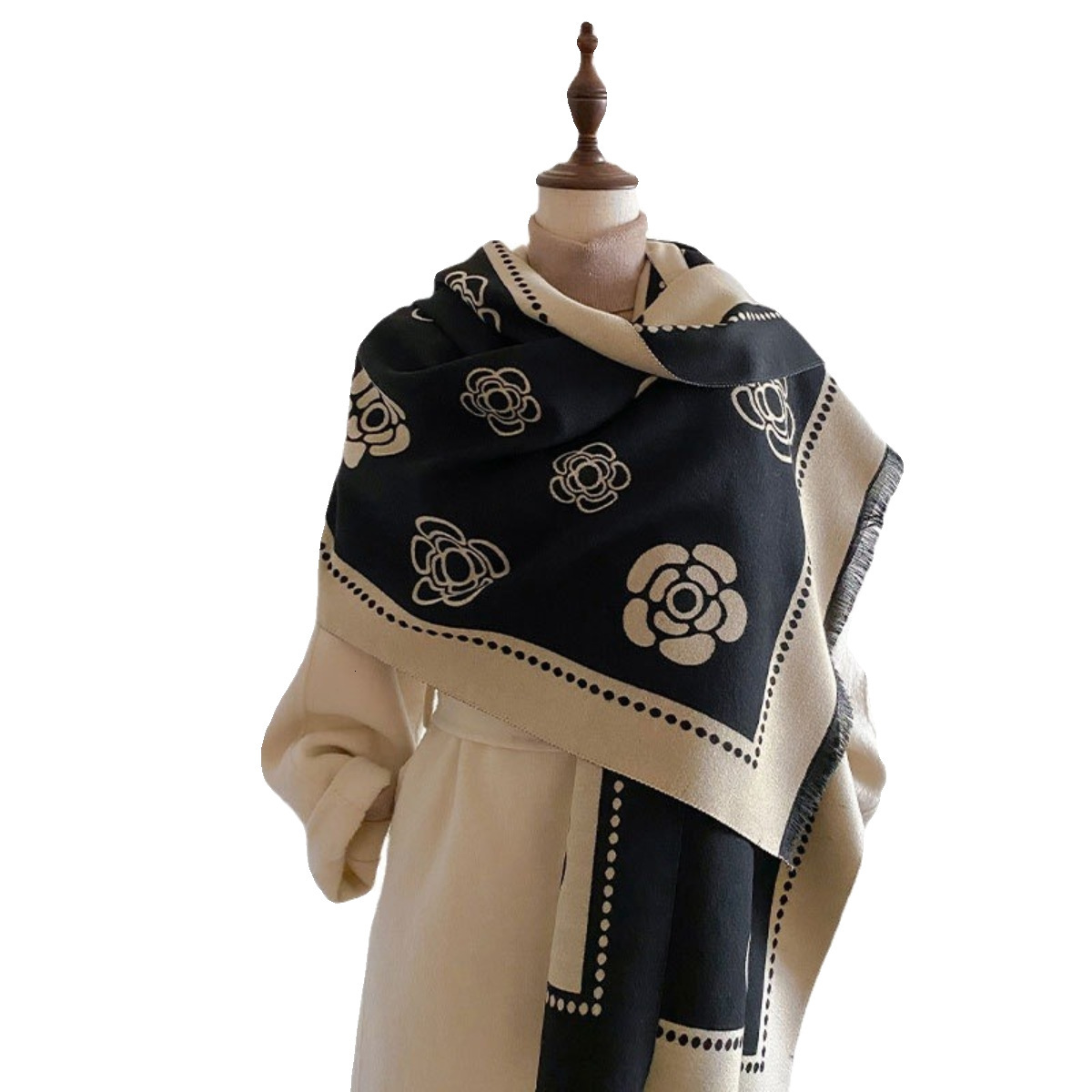 Summer 2024 New Camellia Cashmere for Women, Decorative Double-Sided Shawl, Long Jacquard Versatile Warm Neck Scarf
