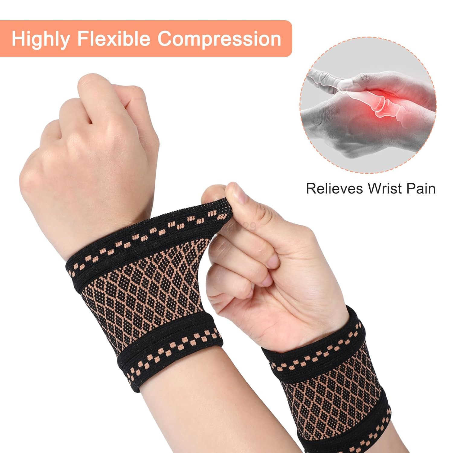 2 Pairs Copper Wrist Compression Brace Wrist Brace Elastic Wrist Support Compression Sleeve for Weightlifting Fitness Yoga Workout Arthritis Sprains T