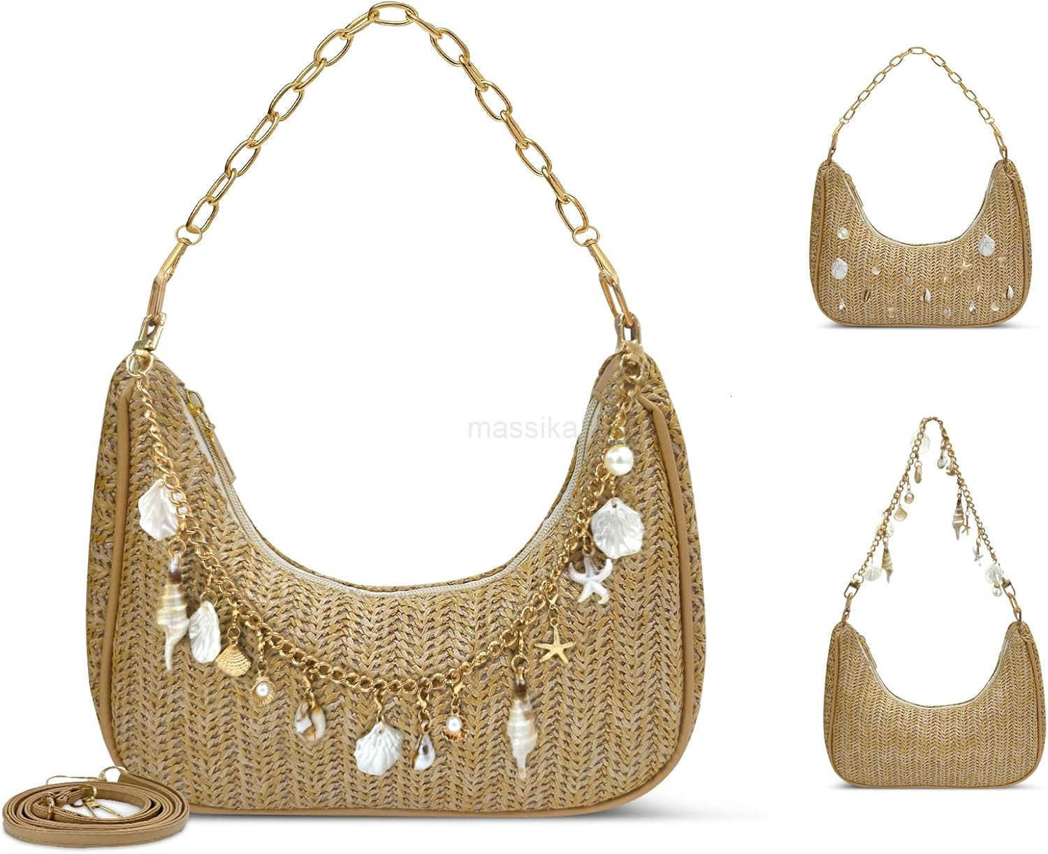 Beach Purse Straw Shoulder Bag for Women Summer Purse with Shell Pearl Bag Charms 2Pcs Detachable Strap Chain M250910