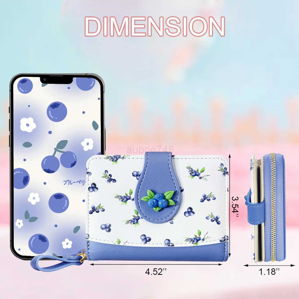 Cute Print Wallet Blueberry Strawberry Cherry Wallet with CARD Slot Zipper Coin Pocket for Women Girls PURPLEZ250910