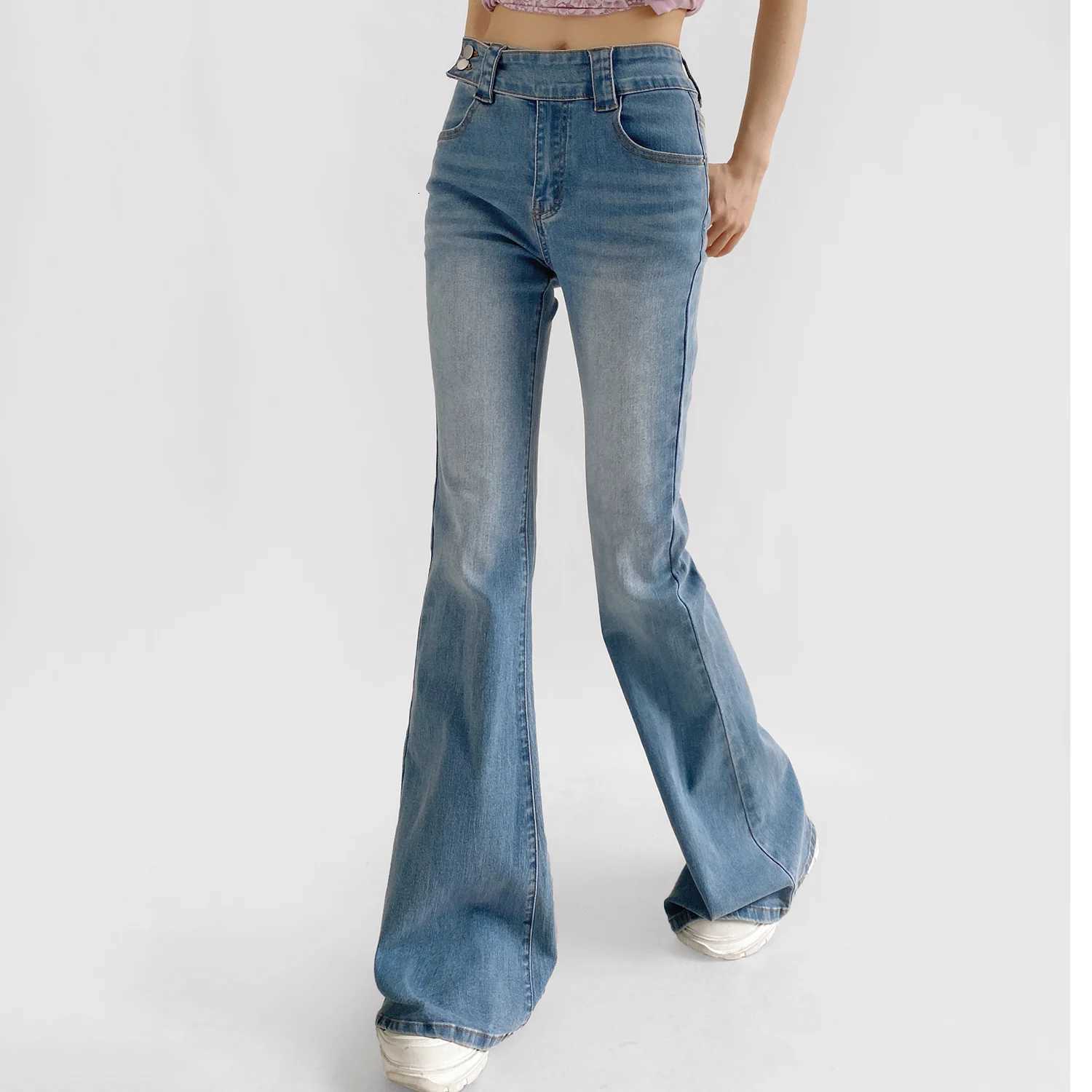 HighWaist Flared BellBottom Jeans for Women Retro Slim Fit Stretch Denim with Side Button Accent Z250910