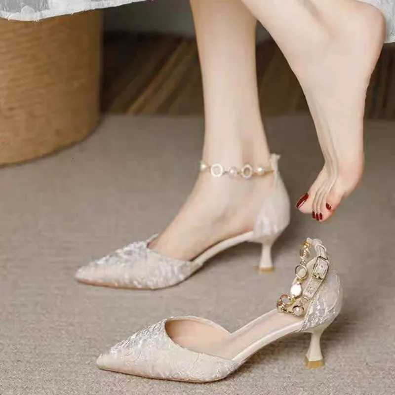 Womens Single Shoes with Pearl Straight Buckle Strap Low Heel Pointed Toe 2025 New Spring Outdoor PU Apricotblack Low Top Shoes W250910