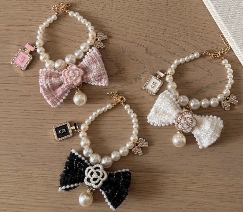 Luxury Dog Pearl Necklace Fancy Pearls Jewelry with Big Bows Charm Cute Wedding Collar Girl Costume Outfits Accessories for Small Dogs Puppy Cat E13