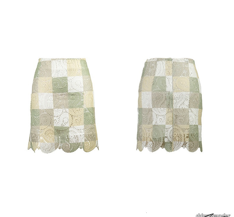 Women Colorful Lace Plaid Straight Short Skirts Elegant Ladies Hollow Out Trendy Zipper Work Wear Floral Pencil Wrap Hips Mini Skirt 6111017