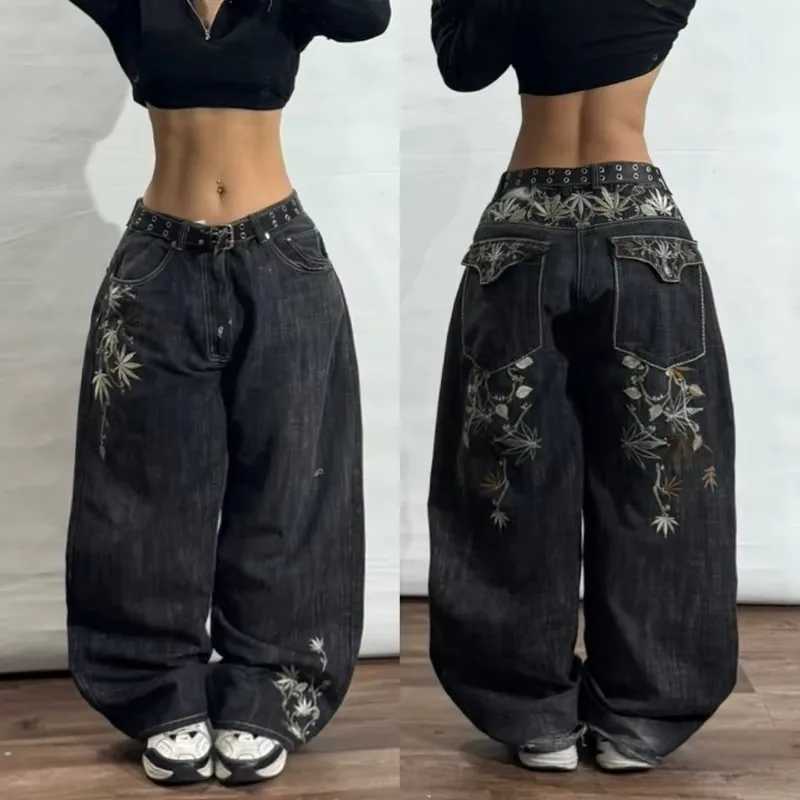 American New Fashion Geometric Pattern Embroidered Baggy Jeans Women Y2K Harajuku Vintage Hiphop Popular Casual Wideleg Pants Z250910