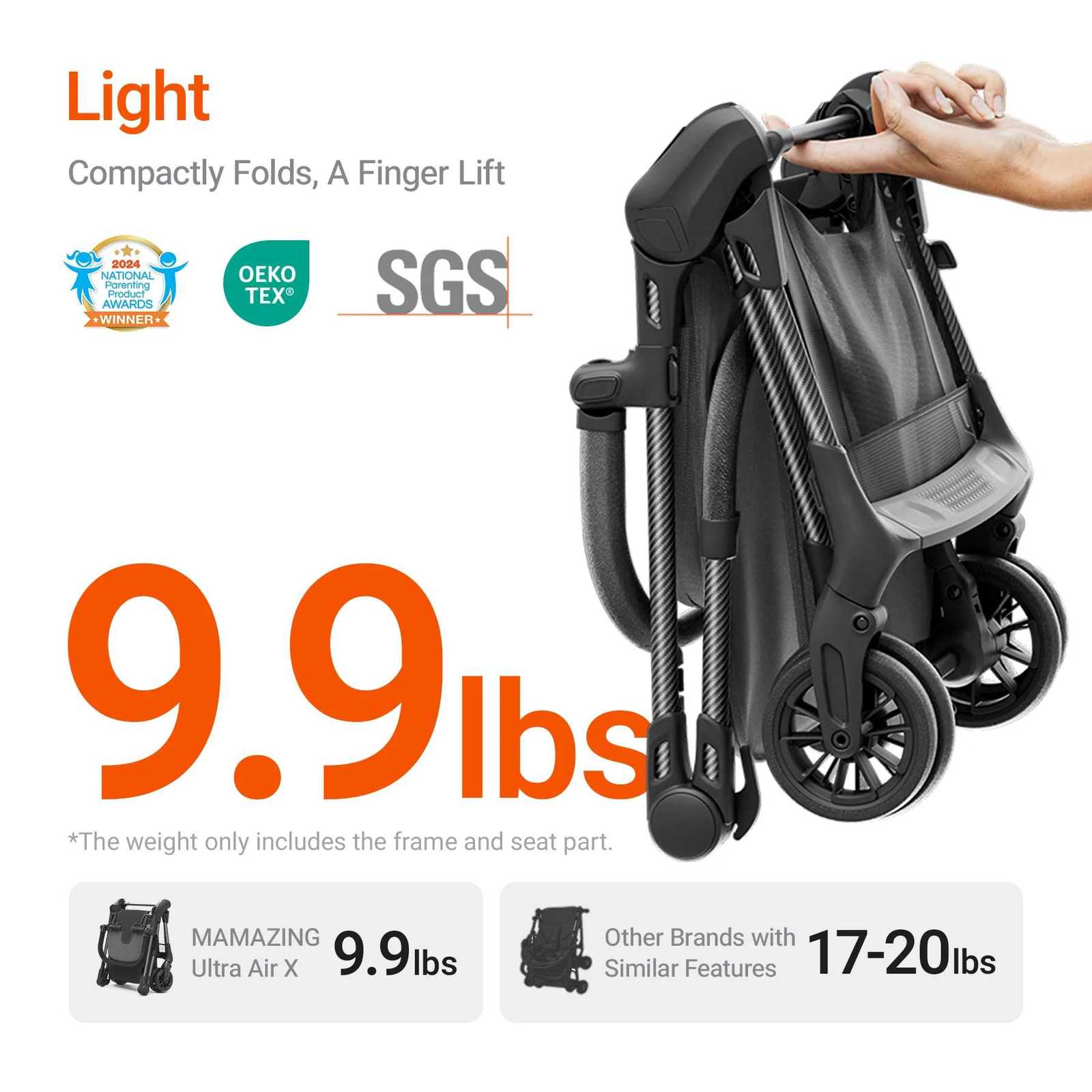 UltraLightweight Travel Stroller 99lbs Carbon Fiber Frame UPF50 Canopy 5Point Safe BeltMAMAZING Ultra Air X Black W250910