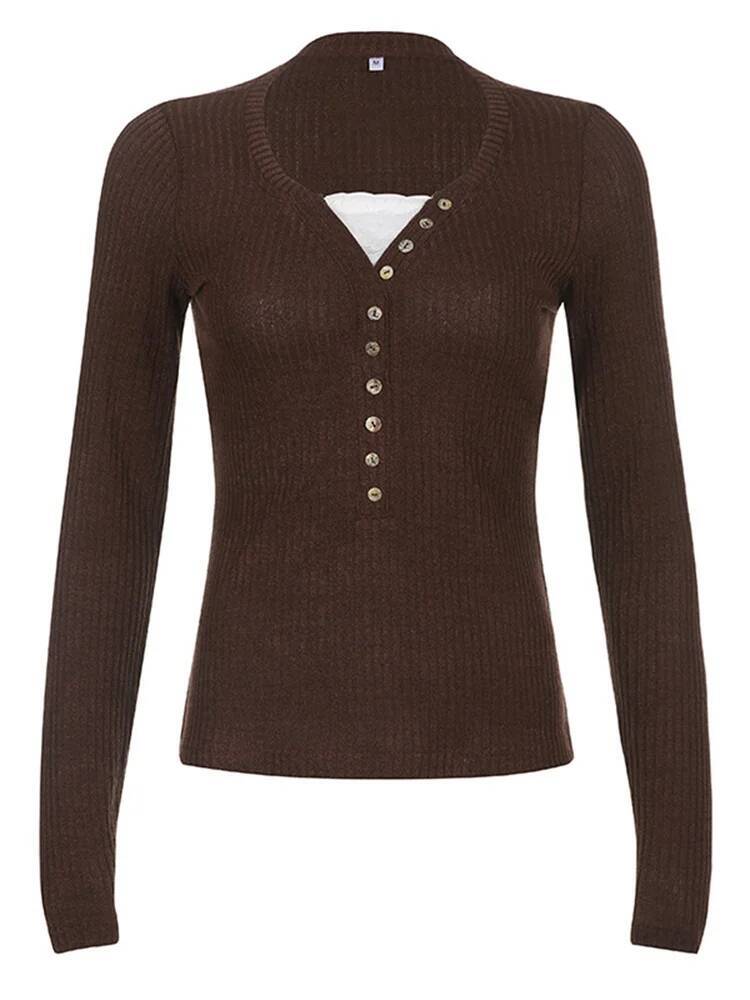 Women Button Front Knit Tops Long Sleeve Lace Patchwork Slim Fit Sweater Fall Fairy Grunge Gothic Y2K Clothes dongdumaoyi