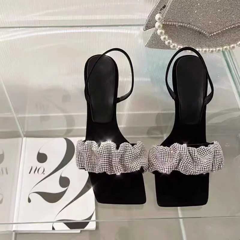 New Summer Fashion Design High Heels Womens Shoes Square Toe 7 Cm Non Slip Rhinestone Pumps Bling Women Sandals Zapatos Mujer W250910