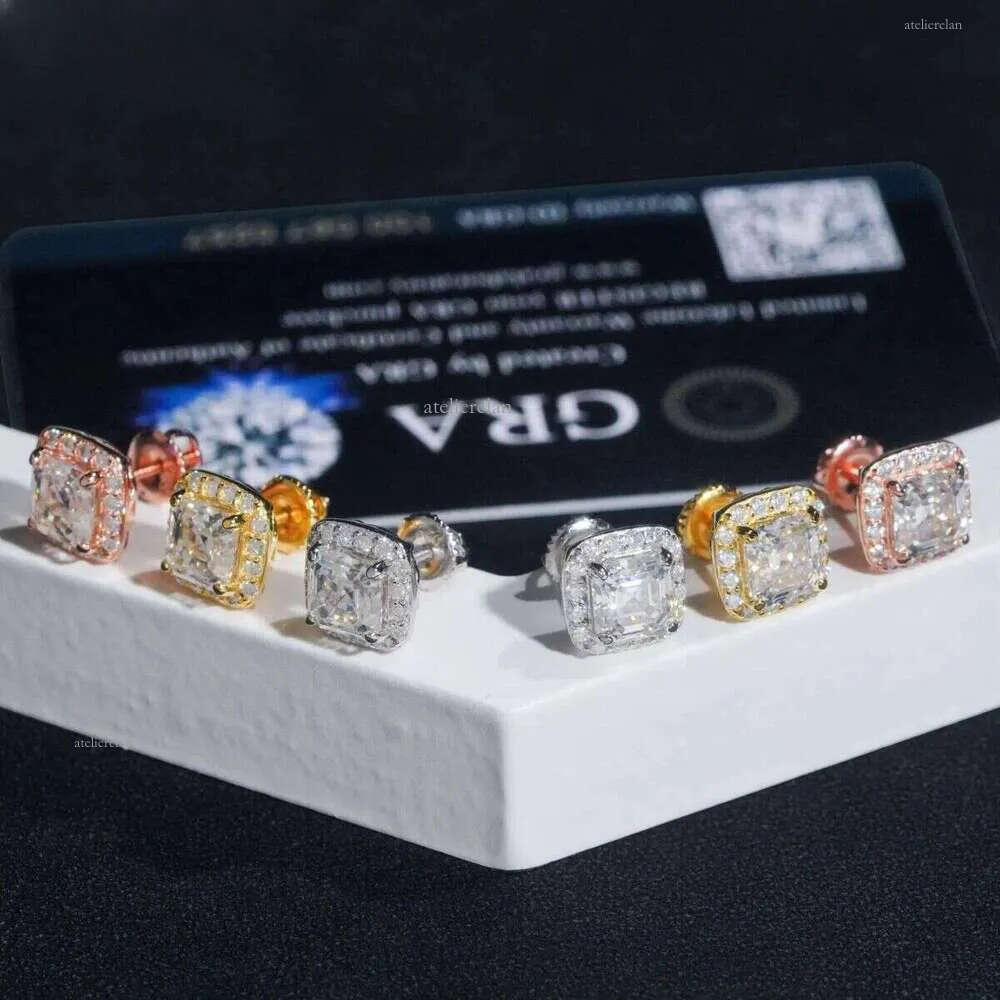 Tester Certified RTS Hip Hop Jewelry Sier Asscher Cut VVS Dia Moissanite Stud Earrings