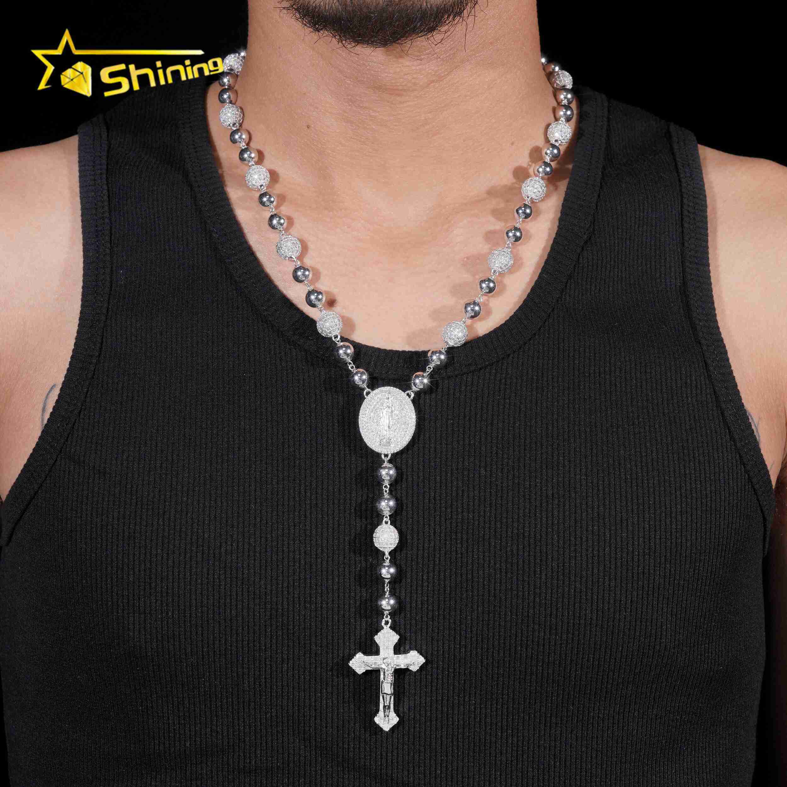 Pass Diamond Tester Hip Hop Iced Out Allah Moissanite Ball Chain 10mm Beads Necklace with Cross Pendant