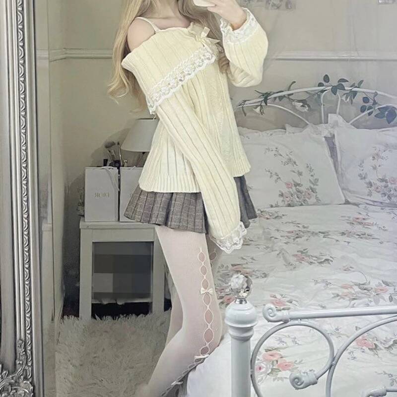 Pretty Cute Outfits Haruku Cosplay Sweater Kawaii Lace Trim Off Shoulder Pullovers Y2K Aesthetic Vintage Long Sleeve Jumpers dongdumaoyi