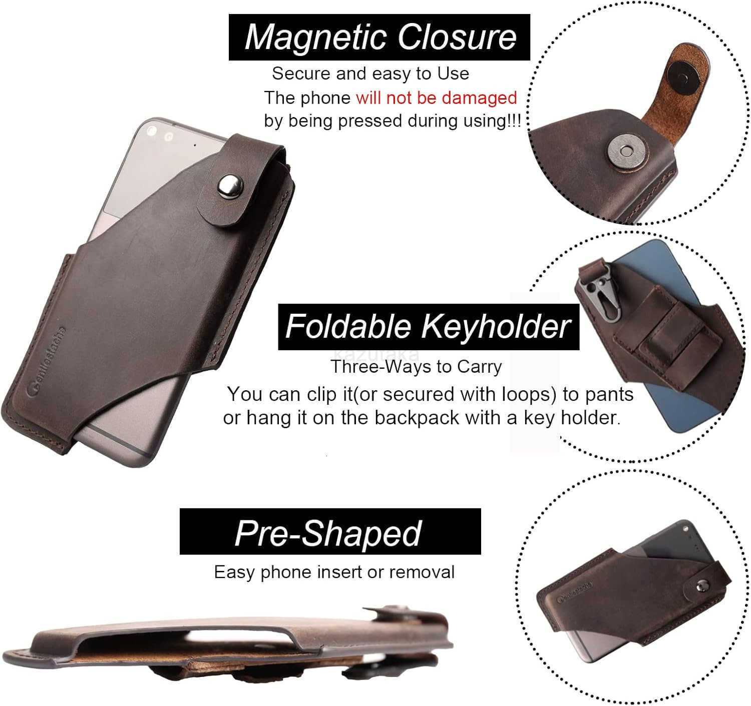 Leather Cell Phone Holster with Belt ClipLeather Pouch for iPhone Belt Case LoopsLeather on BeltCell SheathLarge SizeDarkbrown Z250910