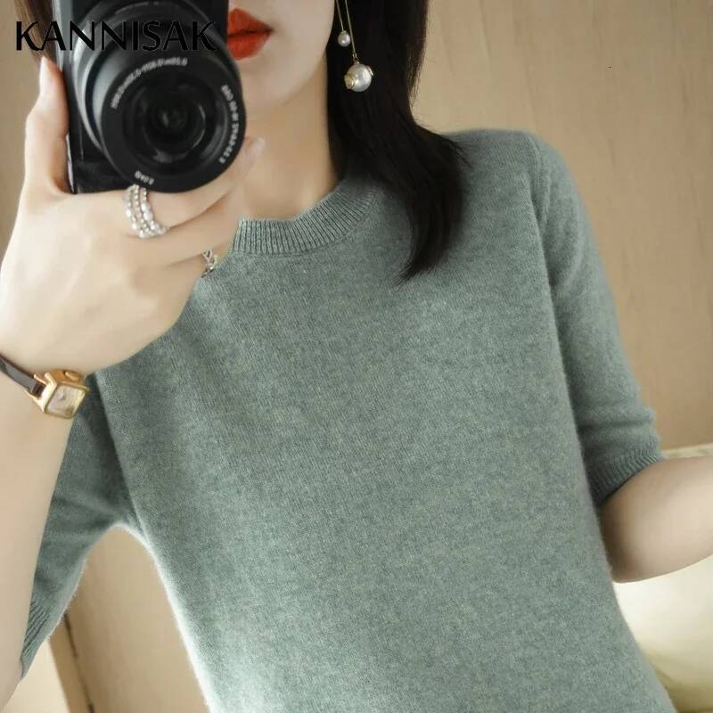 2025 Spring Summer Womens Sweater Short Sleeve O-neck Slim Fit Knitted Pullovers Bottoming Casual Knitwear Camel Pink Clothes dongdumaoyi