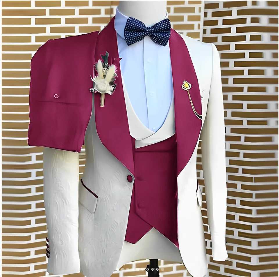 Elegant WhiteJacquard Suits Men For Wedding Formal Jacket Vest Pants 3 Pieces Groomsman Tuxedos Tailored Male Fashion Clothing W250910