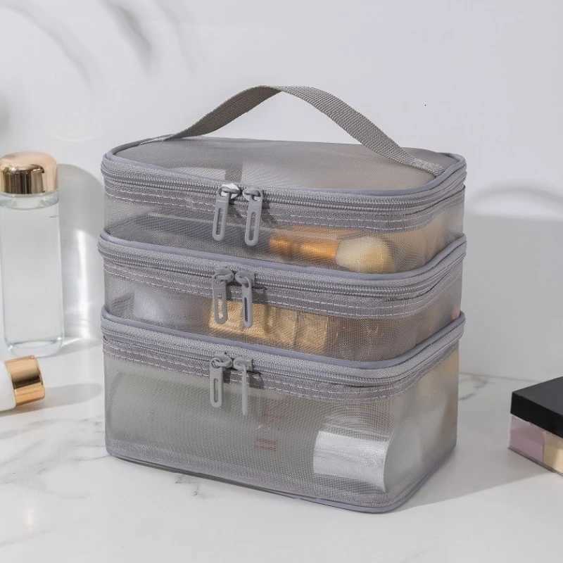 3Layer Mesh Cosmetic Bags Large Capacity Foldable Travel Organizer Bag for Toiletries Cosmetics Makeup Case BagXJ250910