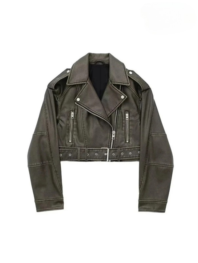 Women's Leather Outerwear Revival Jacket Belt Shoulder Badge Zipper Lapel Jacket Handsome Washed Leather Motorcycle Clothing