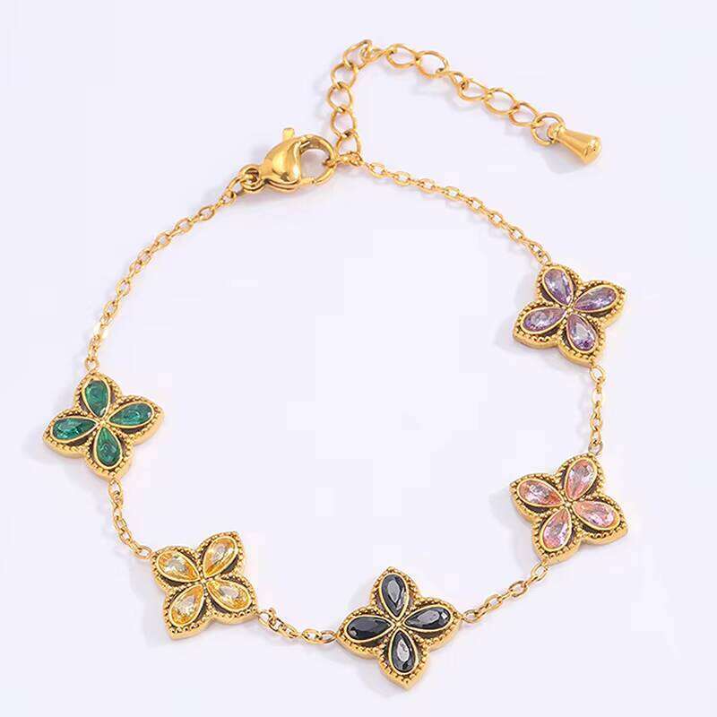 Trendy Women's Luxurious Zircon Four-Leaf Clover Green Moissanite Unique Stainless Steel Chain Flower Bracelet