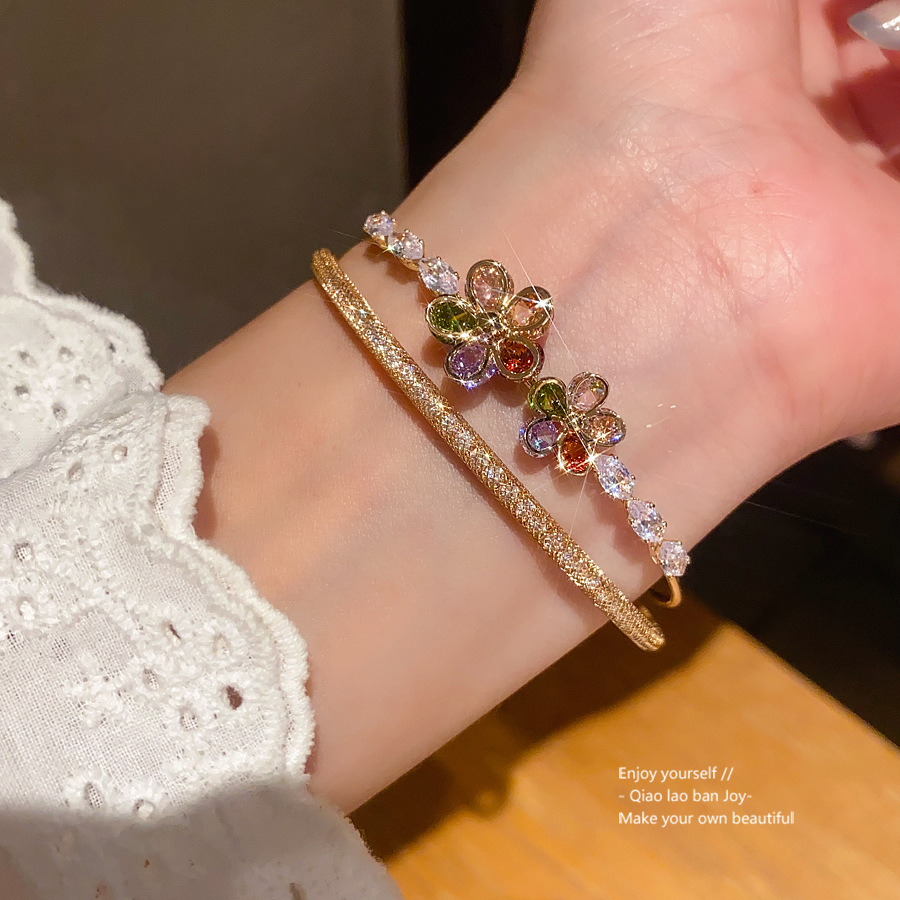 Gold - Toned Bangle With Flower - Shaped Colorful Gemstones, Sparkly Pave Design Delicate Daily & Elegant Jewelry Gift For Her High - Quality And Char