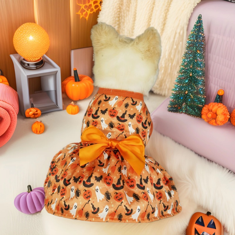Halloween Dog Dress, Cotton Pet Apparel with Pumpkin Ghost Bat Spider Print & Big Orange Bowknot, for Dogs 2-14kg, Perfect for Halloween Parties, Tric