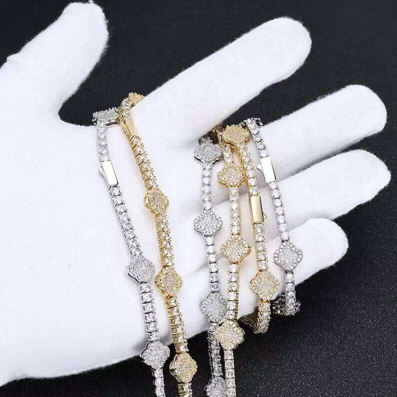 Unisex Popular Charm Moissanite Vvs Four Leaf Clover Bracelet Sterling Sier Hip Hop Jewelry