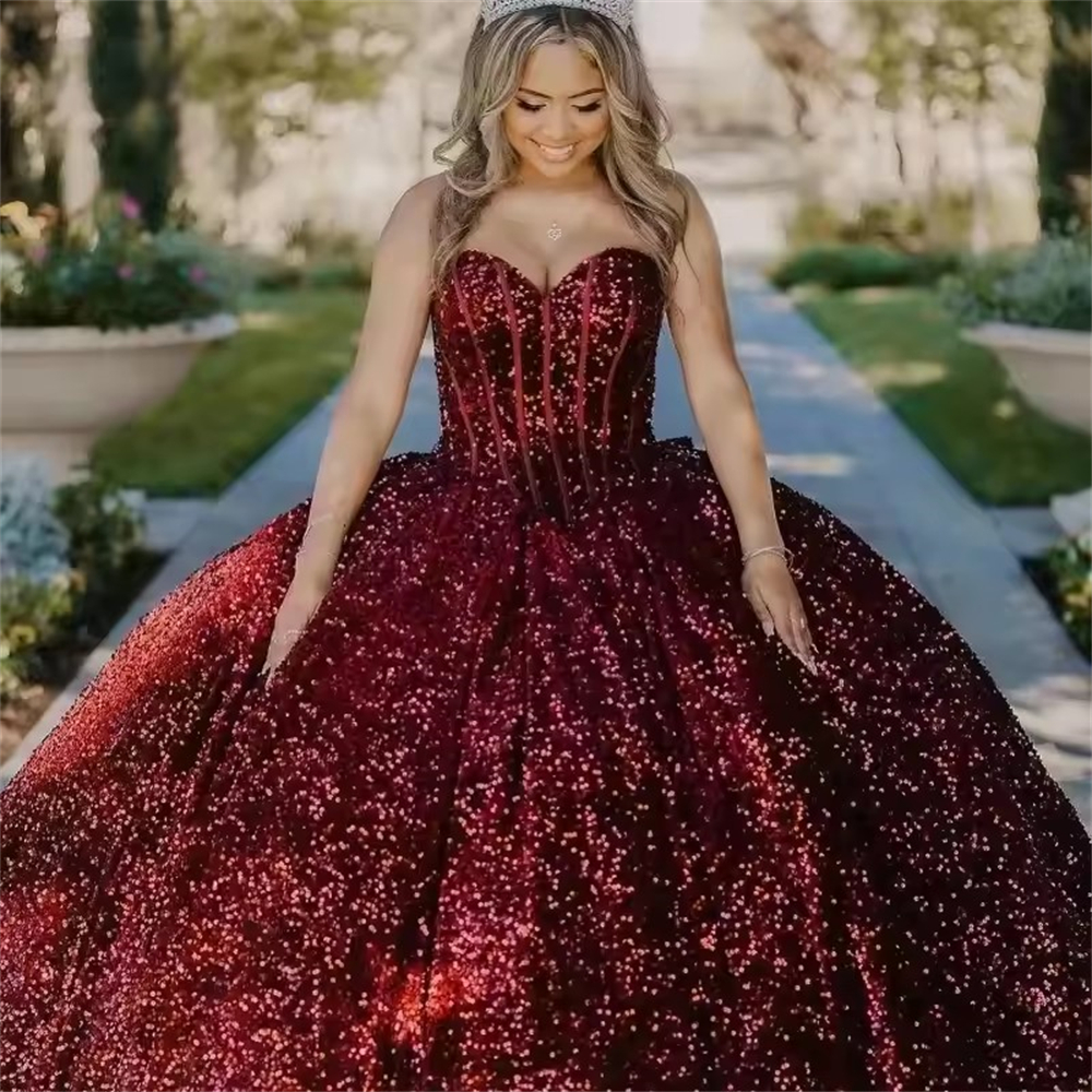 Ball Gown Quinceanera Dresses Burgundy Glittering Sparkly Sequined Sweetheart Customized Sweet 15 16 Princess Birthday Party Gowns Vestidos De 15 Anos