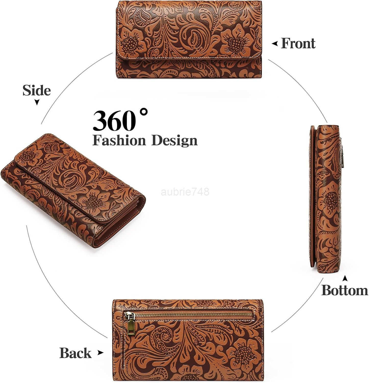 Womens Wallet RFID Blocking Long Clutch Ladies Purse Vegan Leather Embossed Flower BrownZ250910