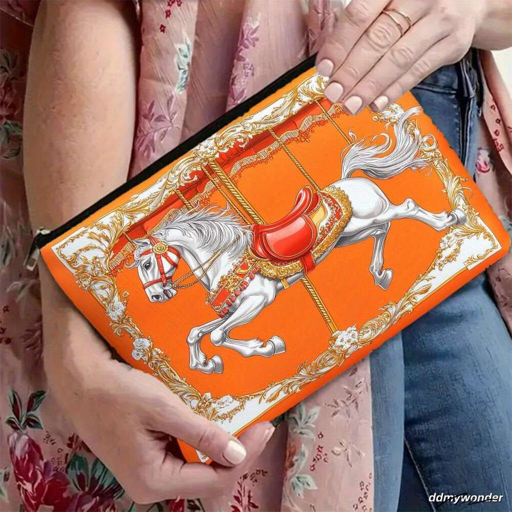 Vintage Carousel Embroidered Clutch Bag Women's Fashion Evening Handbag Orange Portable Pouch Large Designer Bag Handle Handbag ddmywonder ddmywo