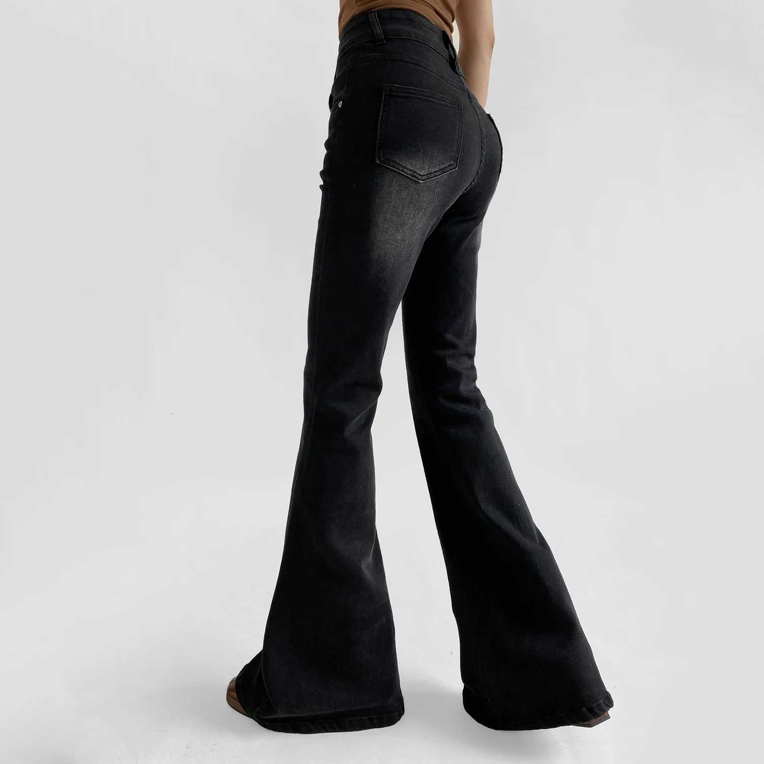 HighWaist Flared BellBottom Jeans for Women Retro Slim Fit Stretch Denim with Side Button Accent Z250910