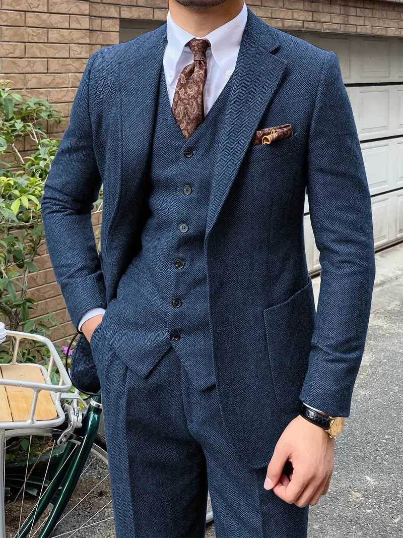 Elegant 3pcs Mens Tweed Suits Wool Blend Herringbone Western Vintage Wedding Formal Events JacketVestPants W250910