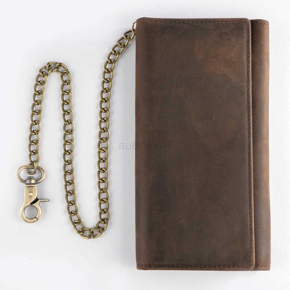Mens Chain Wallet Biker Trucker Wallets with Long Strong Chains Genuine Leather Trifold Billfold Snap BrownZ250910