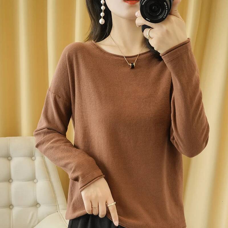 100% Women Knit Crimped Edge O-Neck Pullover Bottoming Pure Cotton Sweater Spring Autumn New Tops Clothes dongdumaoyi